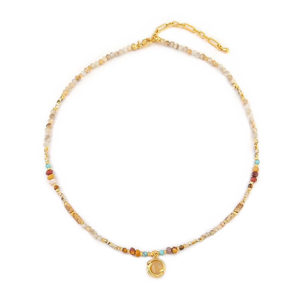 GEMCHIC Women s Natural Malachite Beaded Necklace with Gold Plated Circular Pendant Bohemian Style