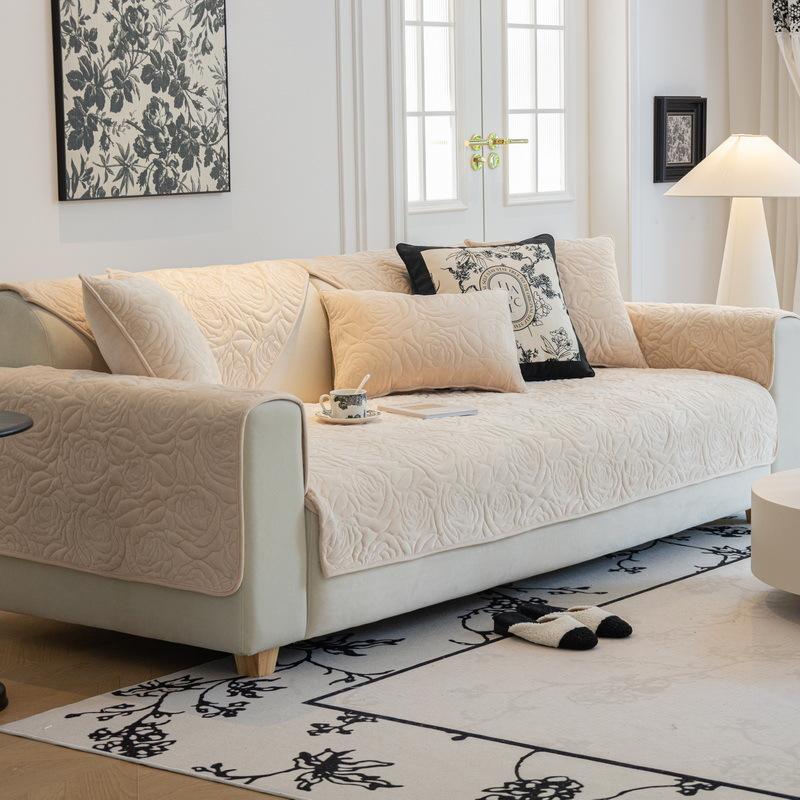 Simple Sofa Cushion Winter Crystal Fleece Short Plush Seat Cushion Cushion Cover Towel Non-Slip Cream White New Sofa Cover