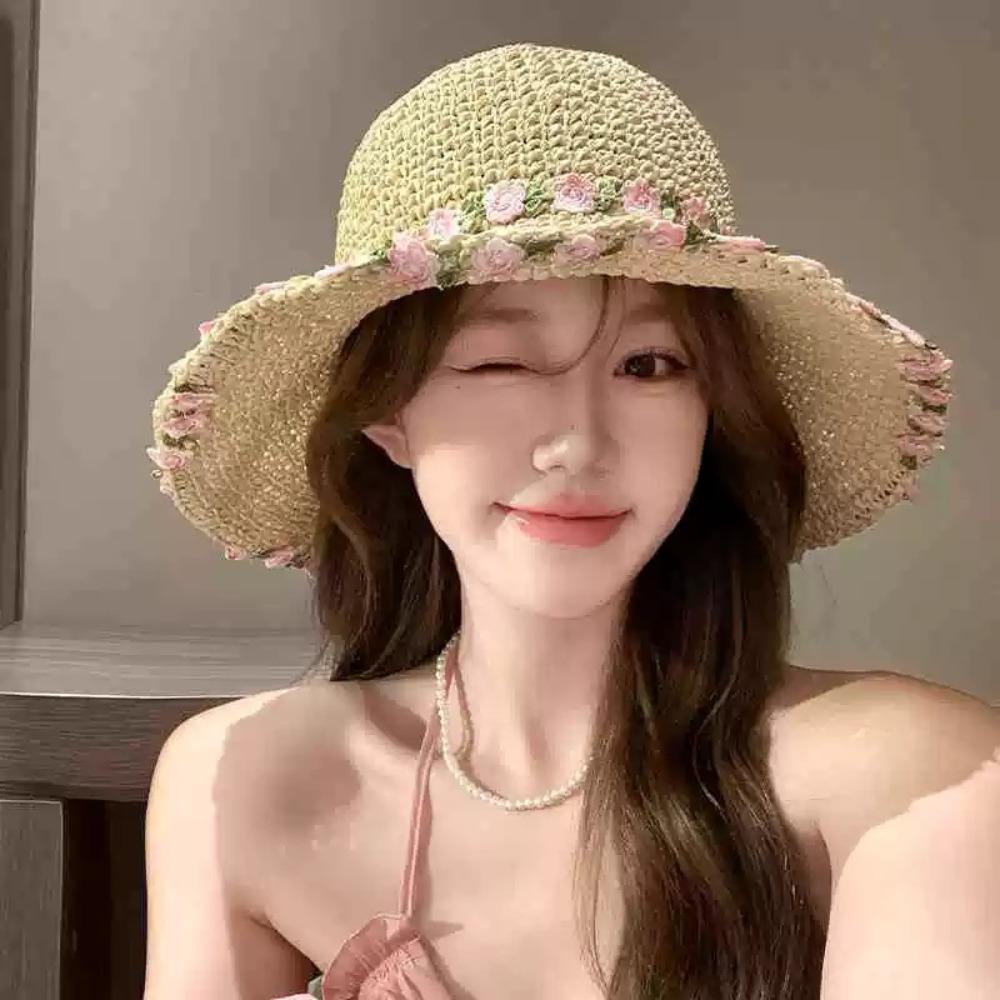 Wide Brim Beachside Sun Hat Fishing Cap Summer Beach Hat Flower Lafite Straw Hat  Outdoor
