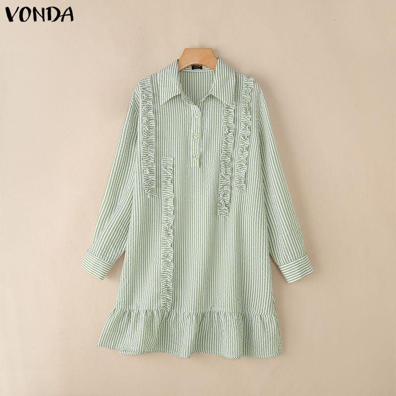 VONDA Women Casual Loose Turn Down Collar Long Sleeve Striped Ruffled Shirt Dress