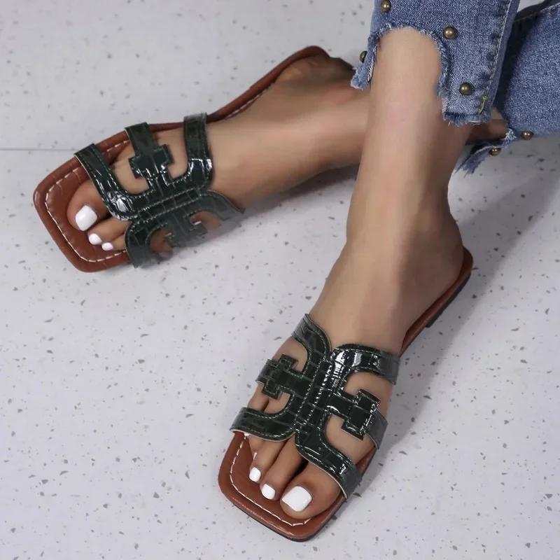Letnie damskie płaskie kapcie z kwadratowym noskiem, retro, casualowe buty plażowe dla kobiet, outdoorowe, plus size, sandały damskie, buty damskie typu slide