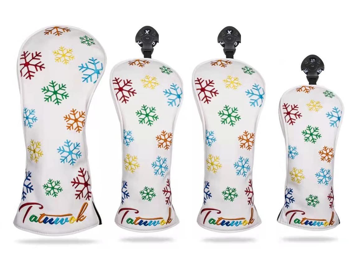 

Waterproof Snowflake Golf Headcovers for Drivers and UTs of 1 2 Fairway 1 (440cc, 460cc), Woods, Utilities, (Set 4 Driver, Woods, UT, White)