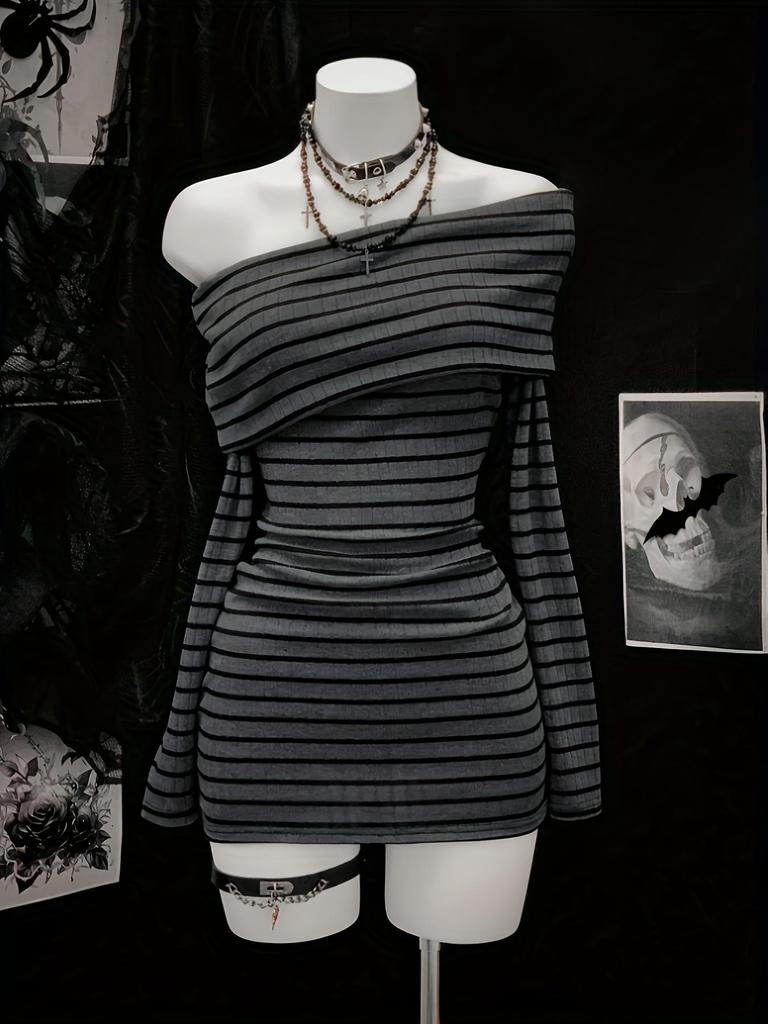 European and American Striped Slim-Fit Dress, Waist-Cinching Short Bodycon with Long Sleeves