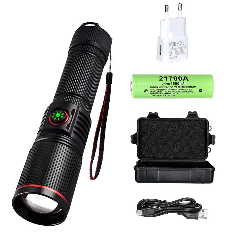 Powerful LED White Laser Flashlight 18650 or 21700 Battery Aluminum Alloy Zoom Torch Light Lamp with Tail Rope Power Indicator