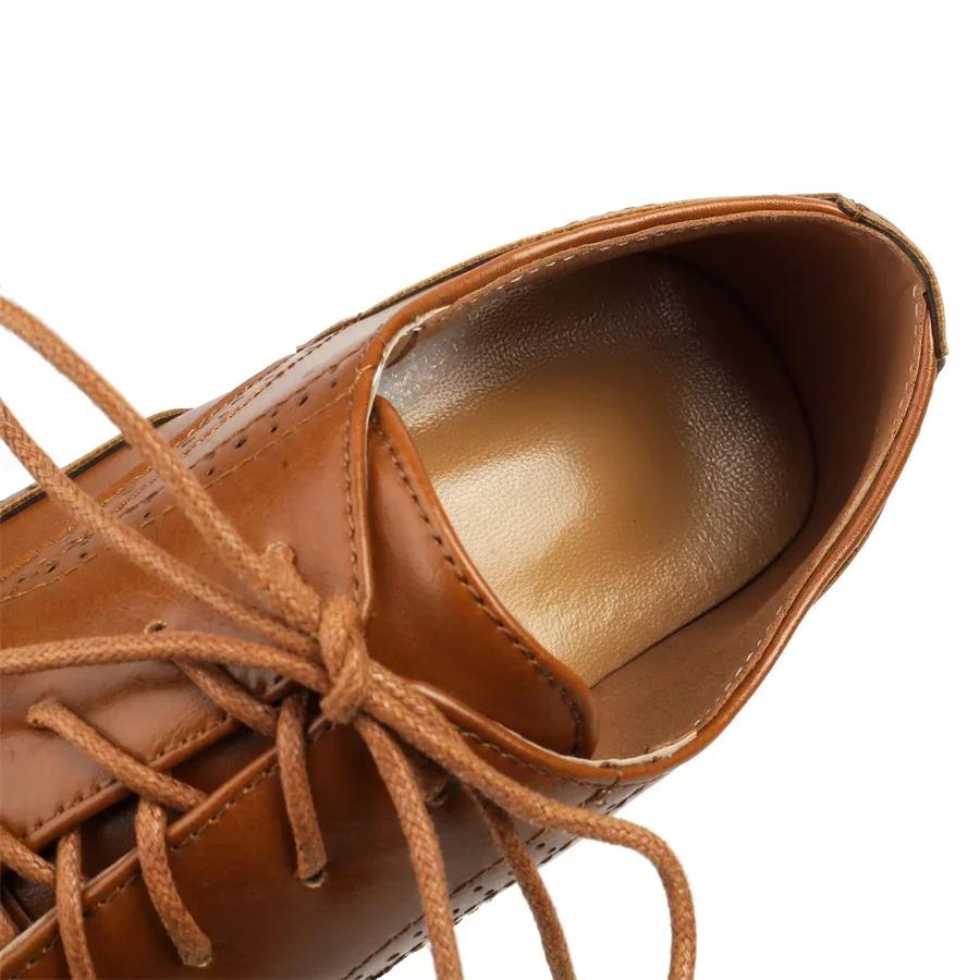 British Women Derbies Spring Autumn Mid Heel Oxfords White Yellow Brown Mixed Color Medallion Vintage Round Toe Lace Up Brogues