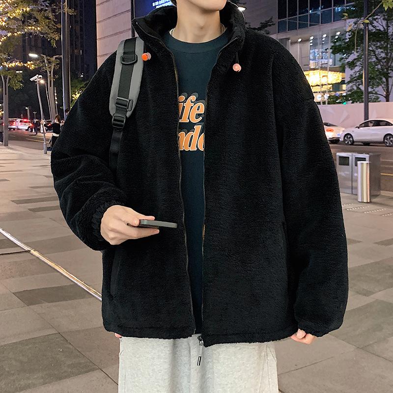 Neuer Wintermantel aus Lammsamt-Baumwolle für Herren, lockere und trendige Jacke im Hongkong-Stil, Baumwollmantel mit Stehkragen und Kordelzug für Herren