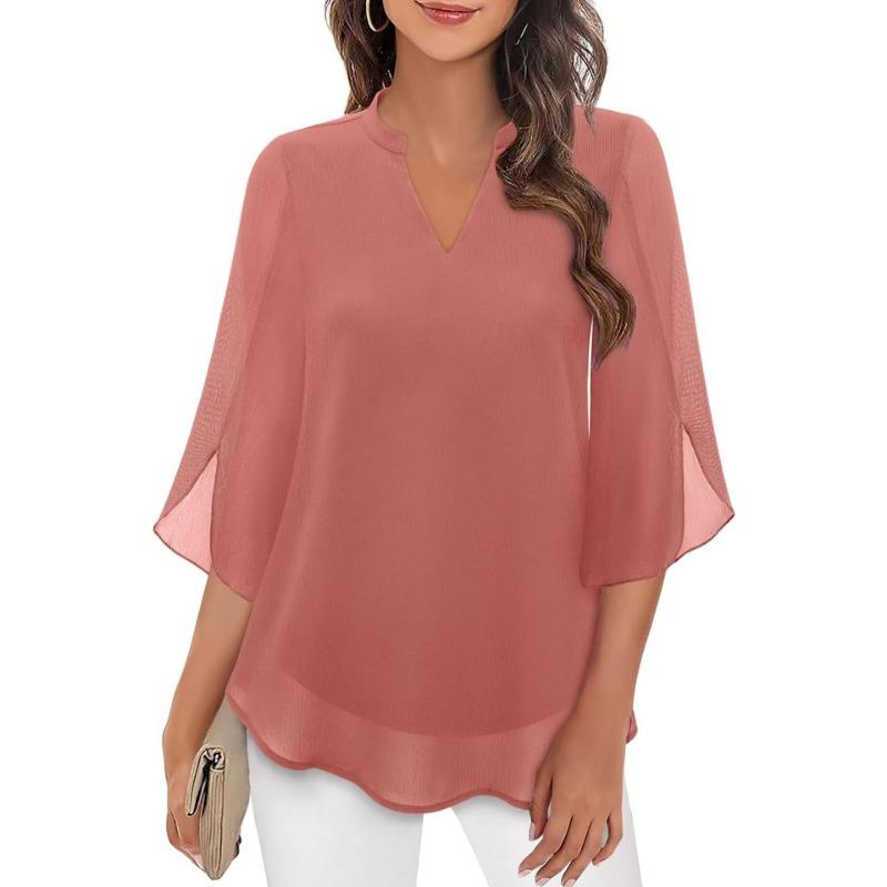 Fashion Loose Casual Summer Chiffon Blouse Women Loose V-neck Shirt Elegant Short Sleeve Solid Color Top Office Ladies Female Basic Women's Clothing