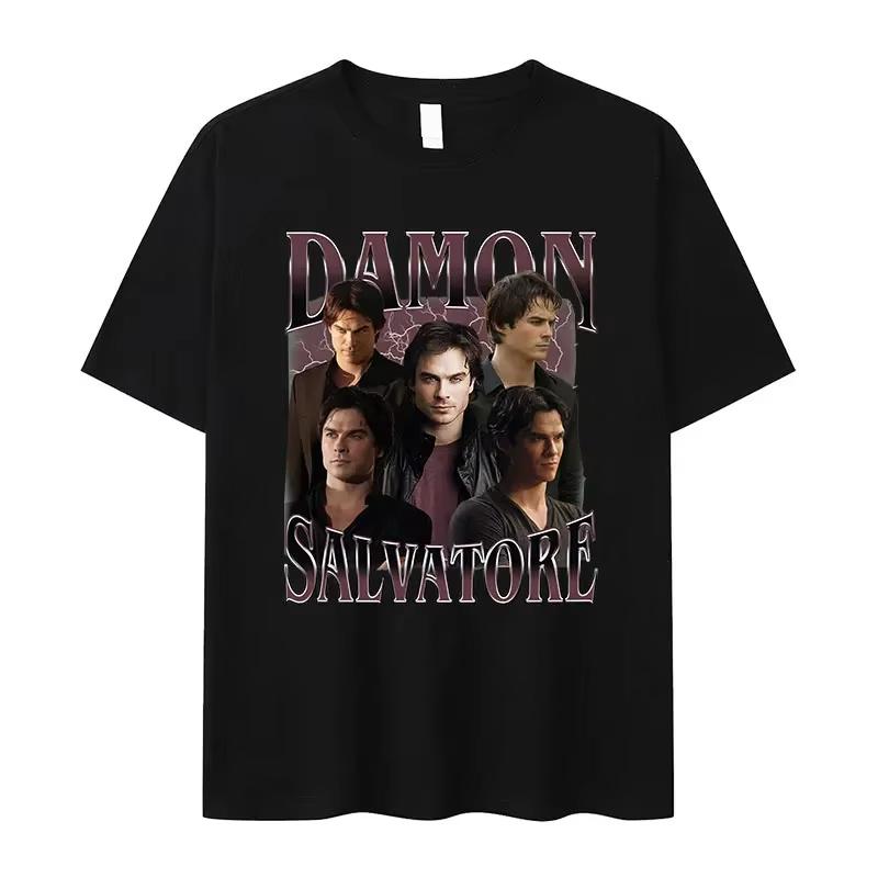 Damon Salvatore IanSomerhalder TV Drama Pattern Tshirt for Men Women Retro Gothic Fashion Oversized Shirt Short Sleeve Casual Clothing