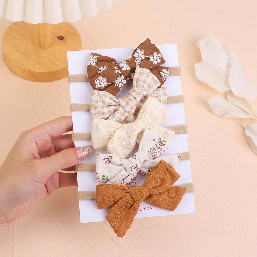5Pcs/Set Baby Bows Headband Nylon Headbands Cotton Hair Bands for Children Girls Soft Hairband Newborn Hair Accessories Toddler