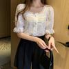 Summer White Cotton Lace Shirt Women Square Collar Short Sleeve Tops Shirts Women Hollow Out Vintage Elegant Blouse Blusas