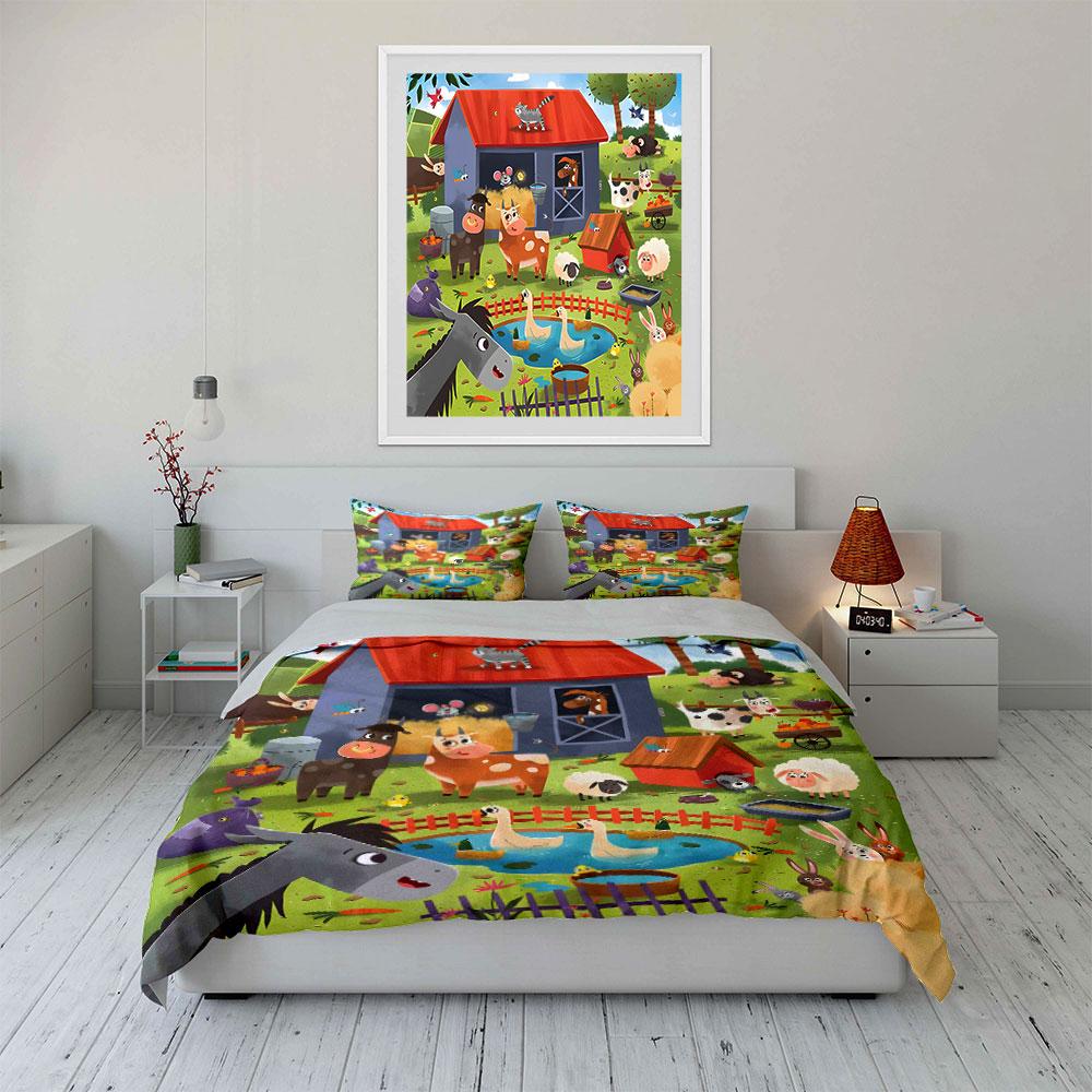 Farm Animals In Lively Scene Bedding Set For Kids Luxury Gift 3Pcs Digital Print Comforter Set Soft Comfortable Breathable