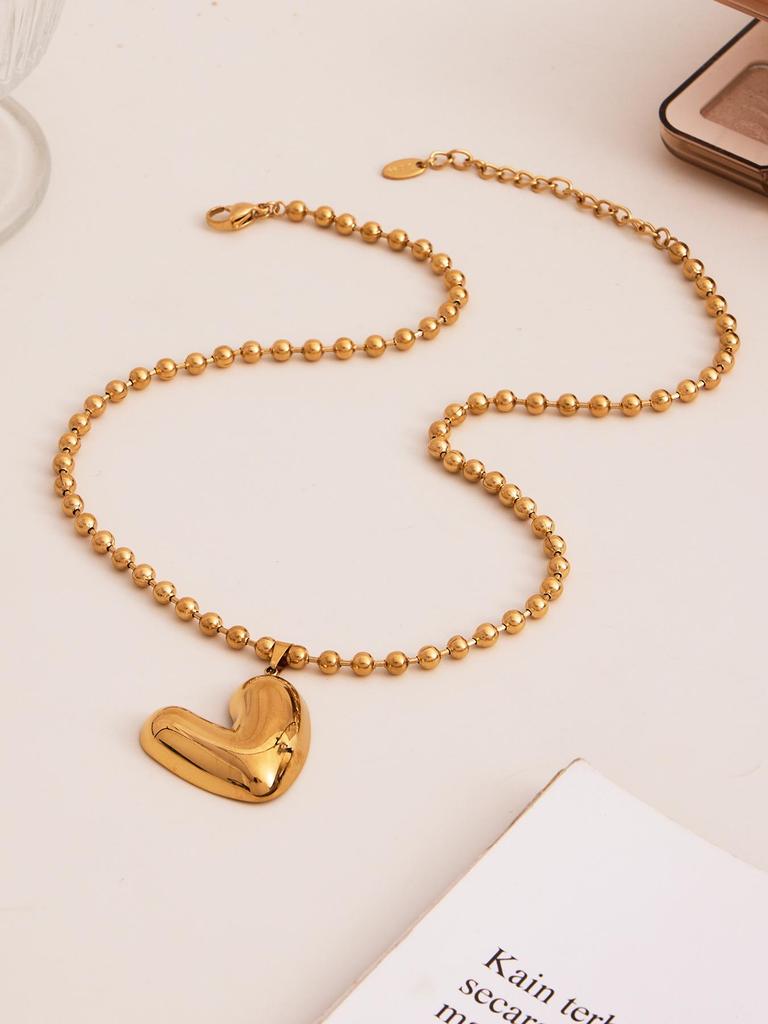 Oumayka 18K Gold-Plated Stainless Steel Heart & Round Bead Necklace