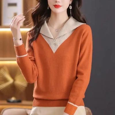 Women Autumn Winter Turn-Down Collar Pullover Color Block Button Long Sleeve Sweater Knitted Tops Female Bottoming Shirt