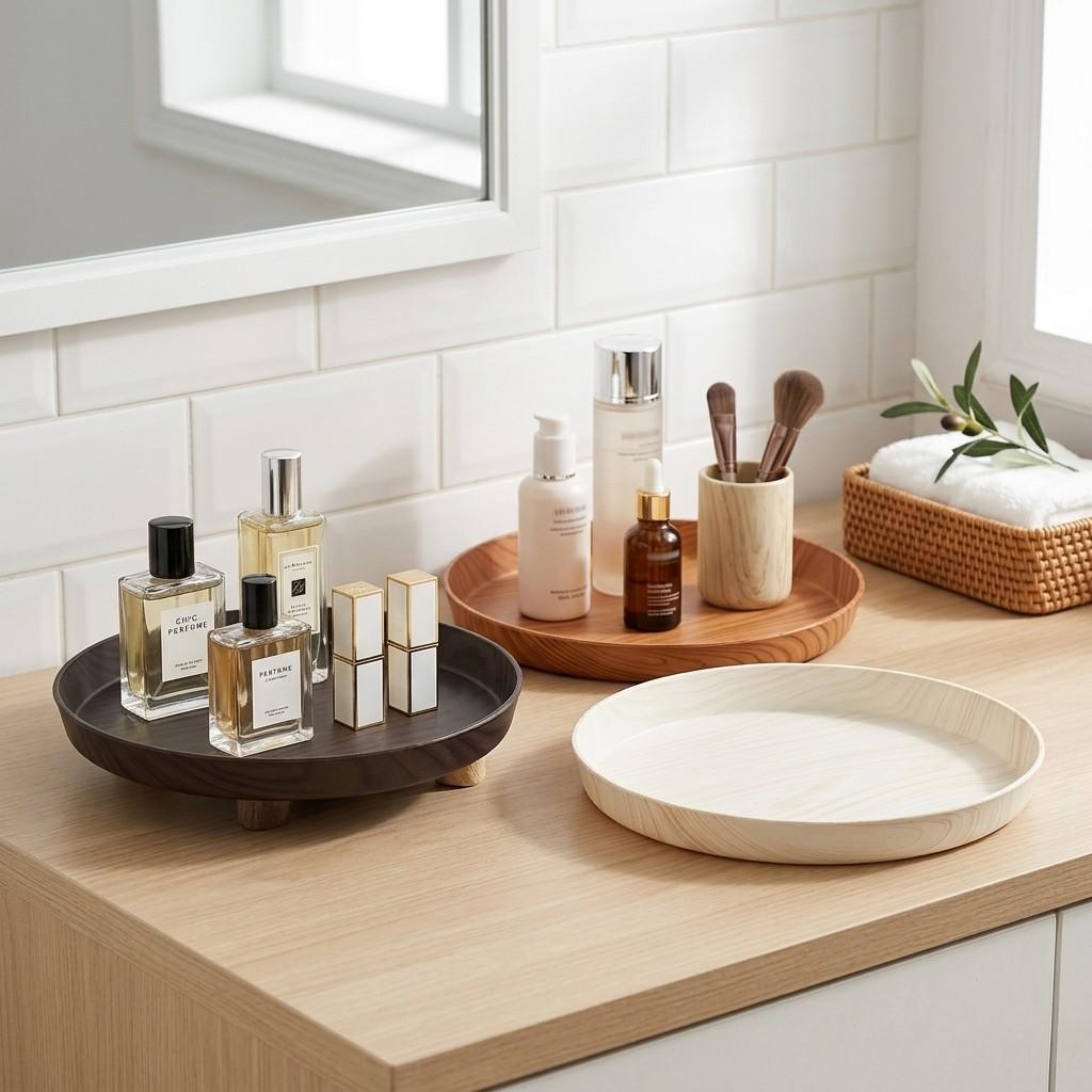 Round Wood Grain Plastic Vanity Tray Stackable Makeup Organizer Bathroom Countertop Storage Perfume Cosmetic Skincare Stand