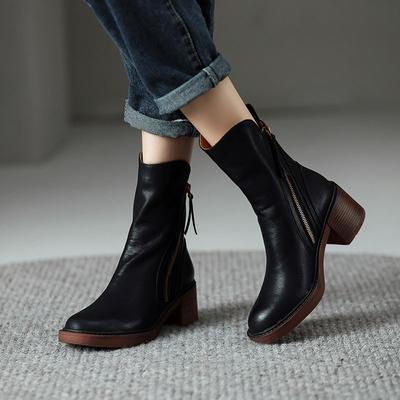 Women Ankle Boots Fashion Female Square Heel Low-Heel Shoes Lady Boots Leather Woman Low-heel Keep Warm Ankle Boots