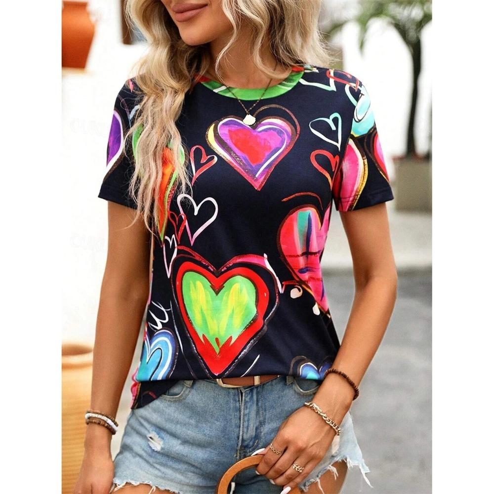 3D Printed Short-sleeved Heart-printed Women's Round Neck T-shirt Summer Literary Loose Women's Casual Short-sleeved Top Y2K