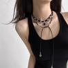 Long Gothic Cross Necklace Women Alloy Chain Choker With Beaded Detail Y2K Punk Style Layered Look