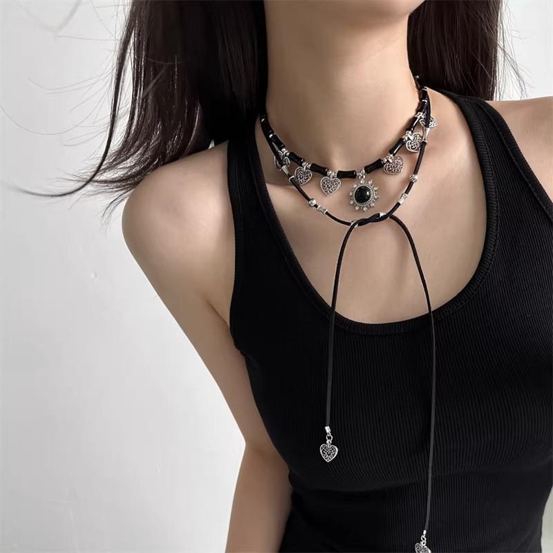 Long Gothic Cross Necklace Women Alloy Chain Choker With Beaded Detail Y2K Punk Style Layered Look