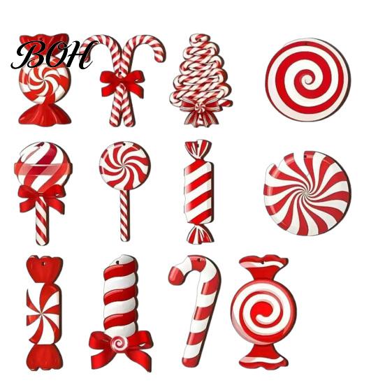 Wooden Christmas Tree Pendant Set Candy Ornaments, Red White Peppermint Cane Lollipop Pendants, Seasonal Decorative Hanging Props Decoration for Xmas
