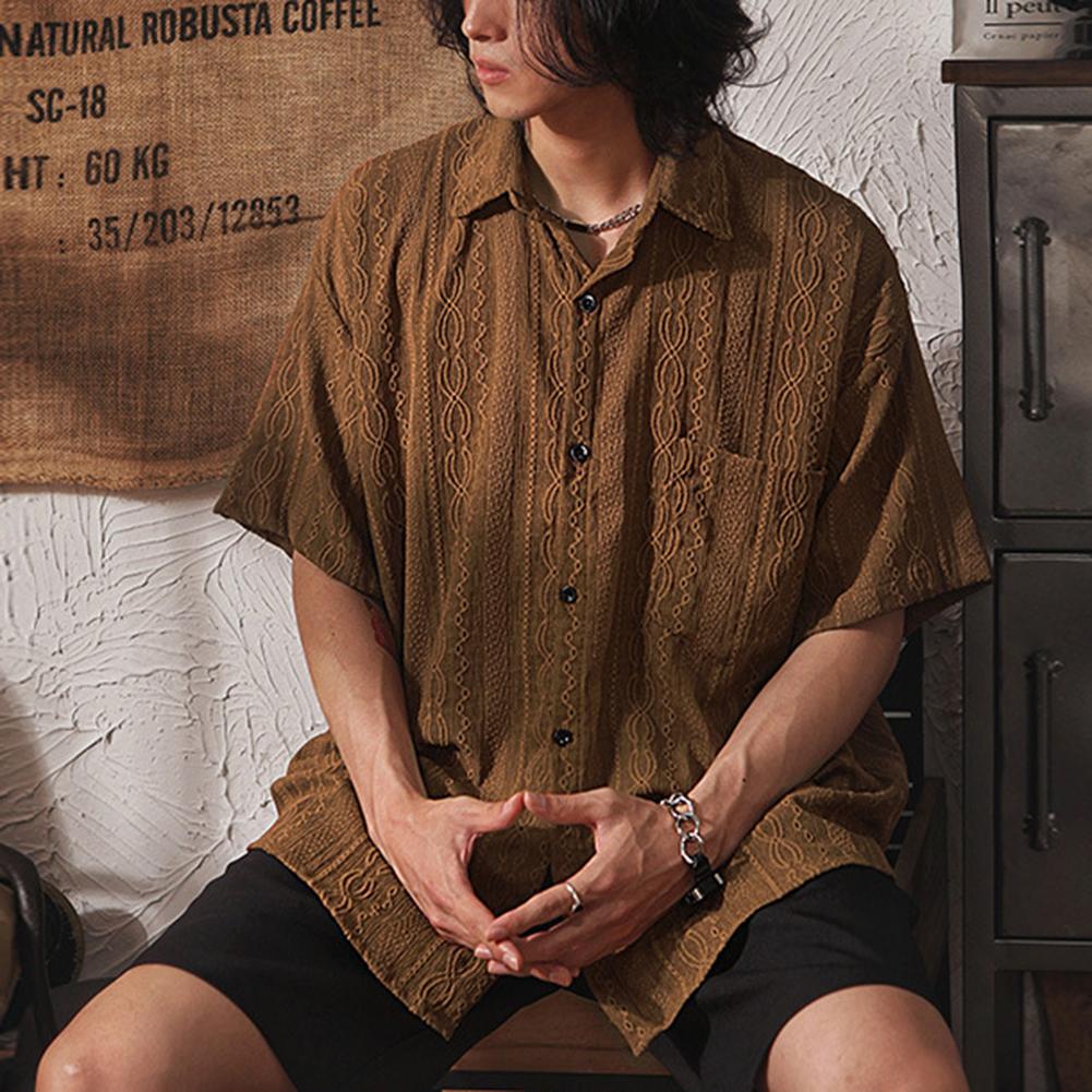 Men Casual Loose Hollow Out Short Sleeve Shirts with Pockets Retro Fashion Daily All-Match Tops Solid Color S кофейный