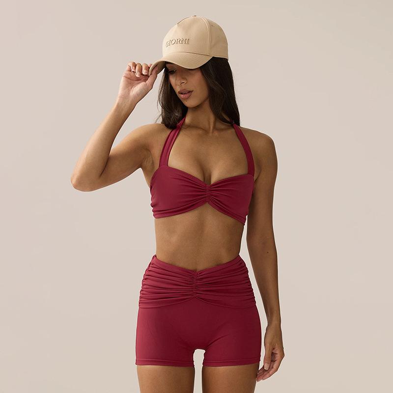 

Летний женский плиссированный жилет с драпировкой на шее, шорты с высокой талией, облегающие, короткие, два костюма для женщин 2025 L красный