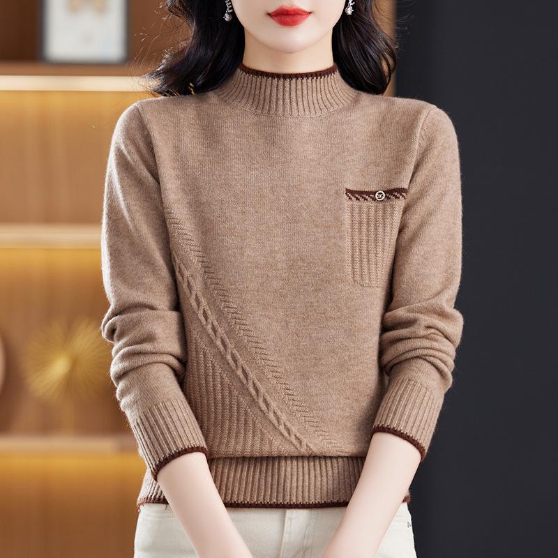 Modny sweter kontrastowy dla kobiet Wszechstronny sweter dzianinowy z okrągłym dekoltem na jesień i zimę Stylowy sweter casual z długim rękawem