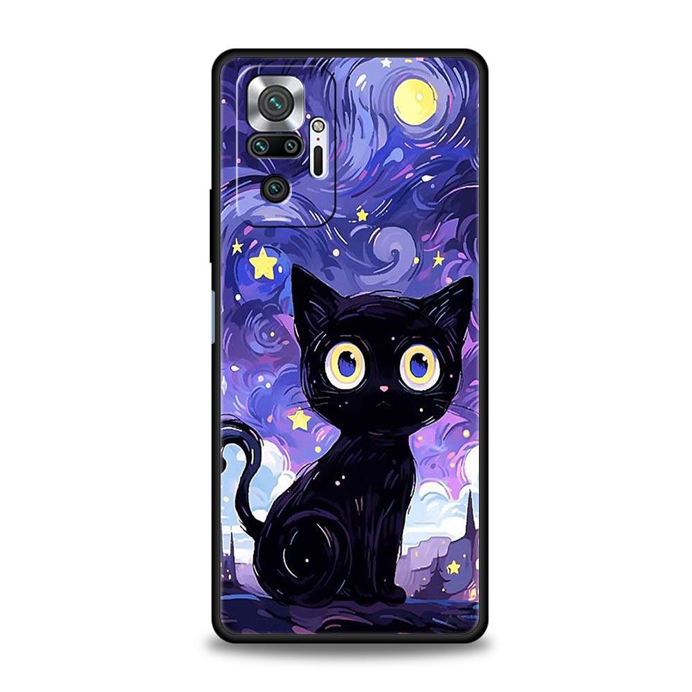 

Чехол для телефона для Xiaomi Redmi Note 14 13 12 5G 11 10 Pro Plus 4G 9S 9 14C 13C 12C 10C 9C 9A Чехол Художественный Черный Кот Звездная Ночь Redmi 9