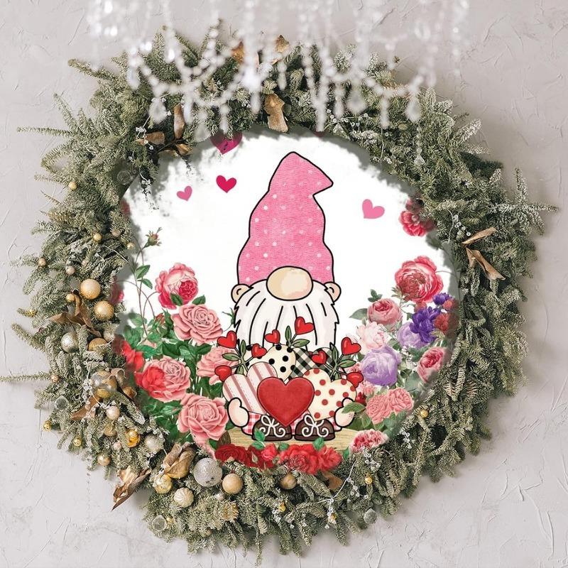 Valentinstag Wichtel Blumige Liebe Holzschild Rosa und Rote Rosenblume Herz Wichtel Rustikale Schilder 14. Februar Valentinstag Runder Türhänger