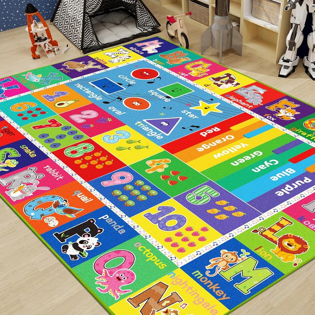 Lernteppich ABC für Kinder mit Zahlen und Tieren, Vorschul-Lernteppich für Schlafzimmer, Spielzimmer und Klassenzimmer