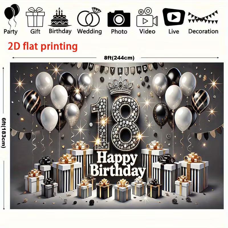 2D Elegant 18th Birthday Backdrop "Happy Birthday" with Diamond Number 18 Party Background