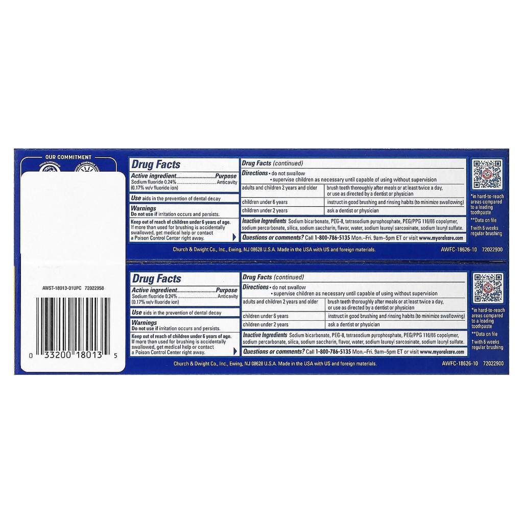 Arm & Hammer, Advance White, Anti-cavity Fluoride Toothpaste, Clean Mint, Twin Pack, 6 Oz (170 G) Each