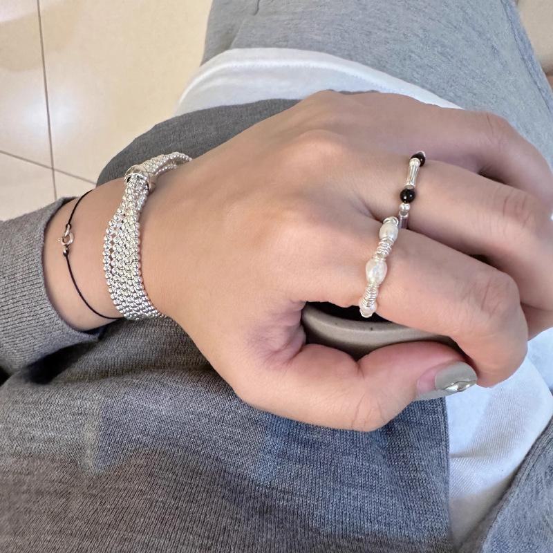 Korean Pearl & Silver Black Agate Braided Ring - Elegant Luxury Fashion Accessory for Women