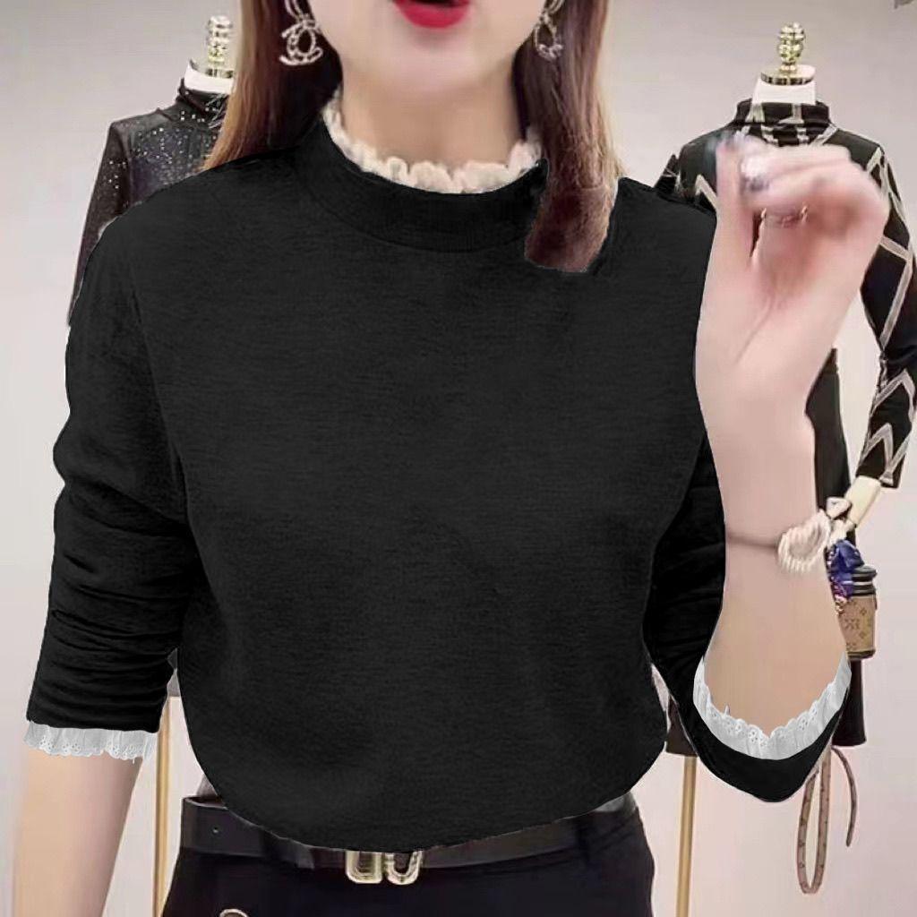 Women's Stylish Thermal Fleece Long Sleeve Lace T-Shirt, Slimming Warm Base Layer, Half-High Neck, Perfect for Autumn/Winter.