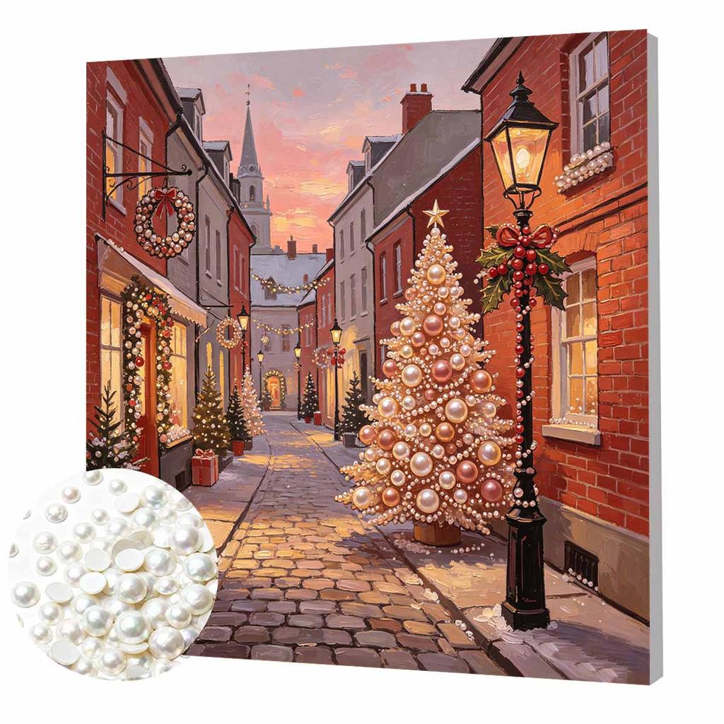 DlY Mini Framed Pearl Painting Kit Beads Canvas Home Decor Painting Christmas Street Scene Winter Holiday Festive Decoration