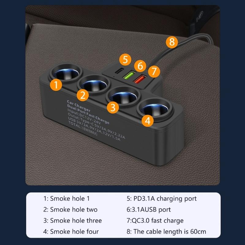 120W Fahrzeug-Netzteil Auto-Ladestation Schnellladefunktion Typ C USB mit langem Kabel für Reisekomfort