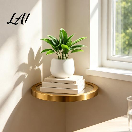 Small Collectibles Wall Mount Floating Shelf with LED Light Modern Gold Metal Display Rack Accent for Entryway Plants Book Space Saving Mounted