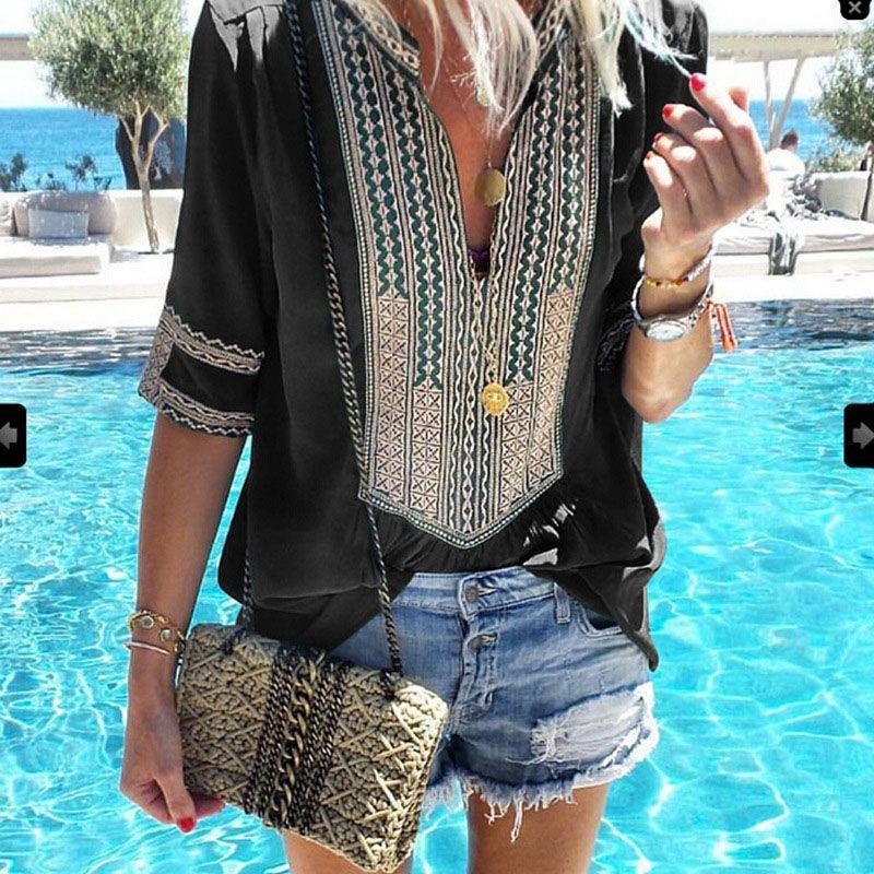 Stunning Womens Vintage Striped V Neck Loose Shirt Tops Half Sleeve Boho Blouse Plus Size