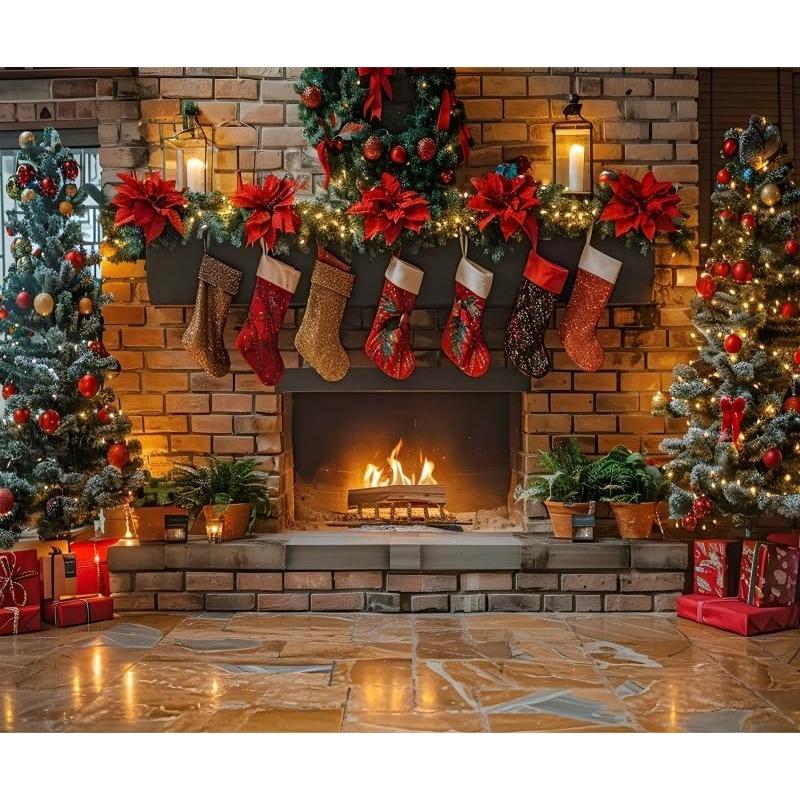 2D Flat, Christmas Fireplace Background Theme Tree Stocking Photography Background, Suitable for Christmas Party Supplies