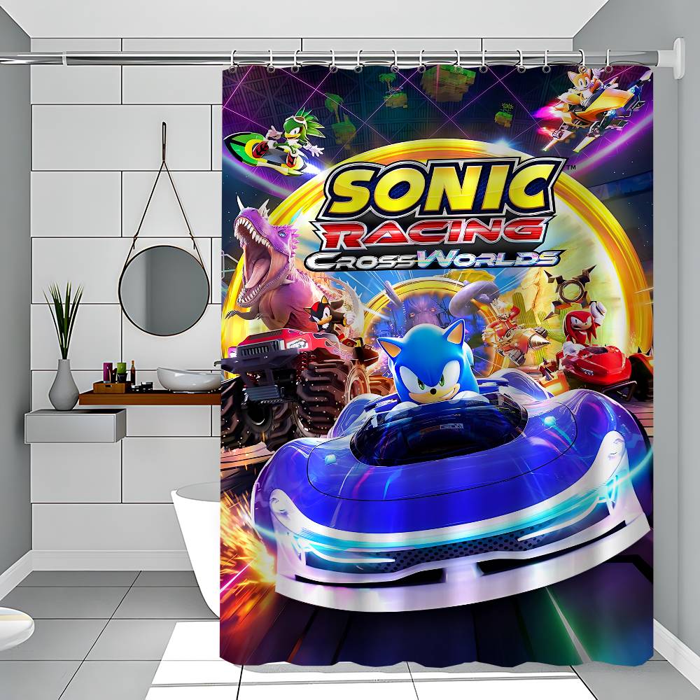S-Sonic Racing Crossworlds Game Shower Curtain Bath Curtain Print Fabric Waterproof Bathroom Curtains Hooks Bath Screen