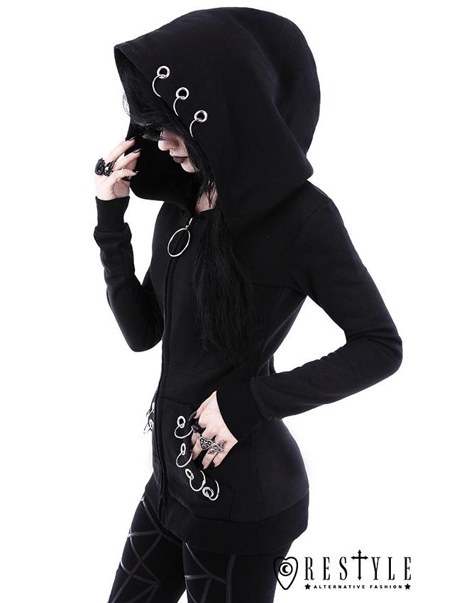 2017 European & American Black Crane Long-Sleeve Loose Fit Hooded Sweatshirt with Iron Ring Detailing