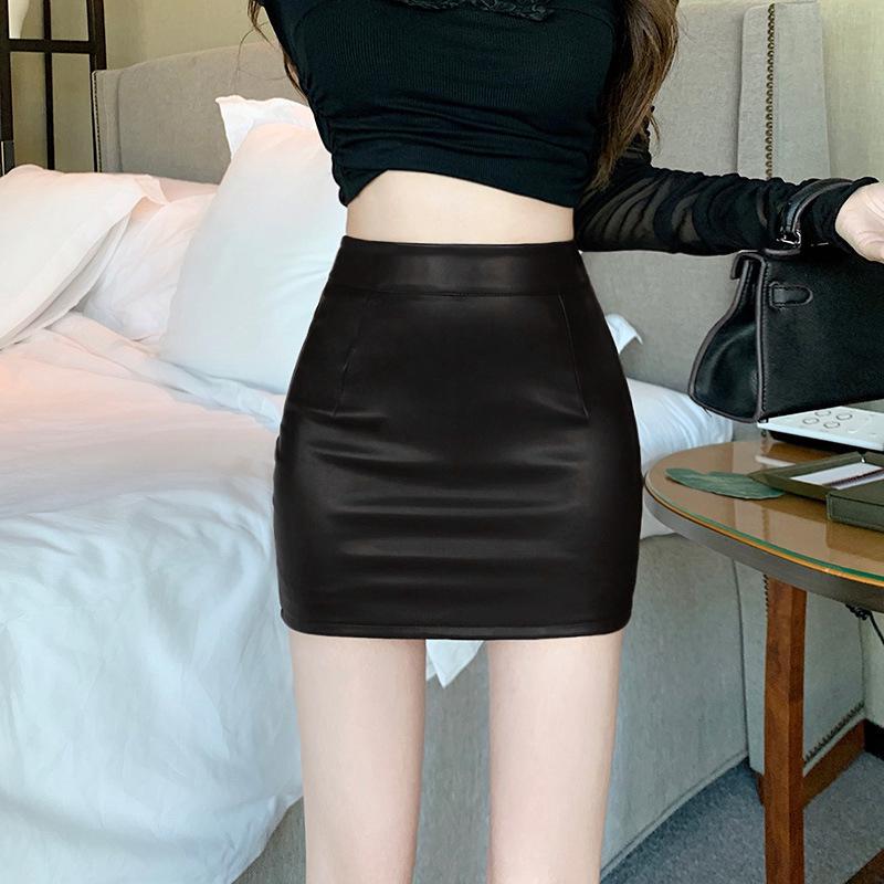 

Women s Brown High-Waisted PU Leather Pencil Mini Skirt - Hip-Hugging, Slimming, Sexy, and Perfect for Autumn/Winter 2024 L
