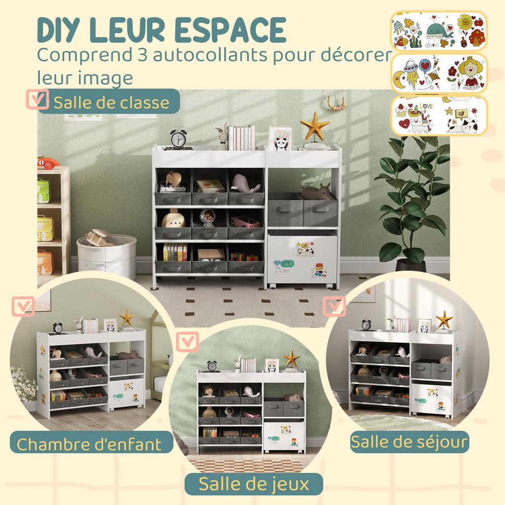 Kids Toy Storage Unit with 11 Bins, Cabinet, Top Shelves, 3 Stickers, for Nursery, Playroom, White