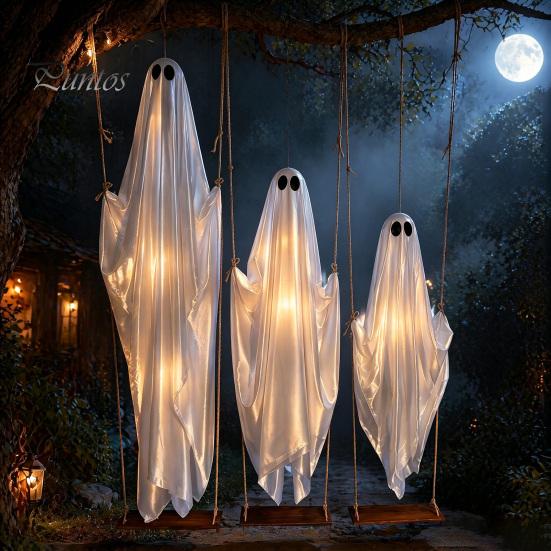 Hanging Ghost Decor Swinging Halloween Decoration, LED Light Up Large Spooky Weighted Fabric with Remote Control for Outside Garden Yard Porch