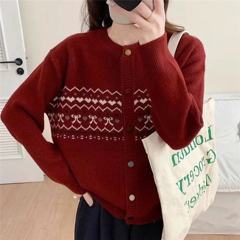 

Autumn Winter Cardigan Fashion Round Neck Korean Style Retro Color Block Jacquard Knit Loose Sweater New Coat One Size червоний