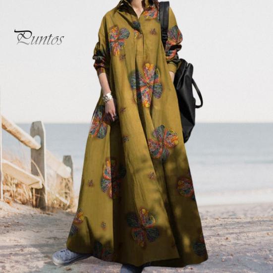 

Женское платье макси в стиле ретро в этническом стиле, трапециевидное, свободное с цветочным принтом и отложным воротником с длинным рукавом, большие размеры до щиколотки, большие качели, женское весенне-осеннее платье