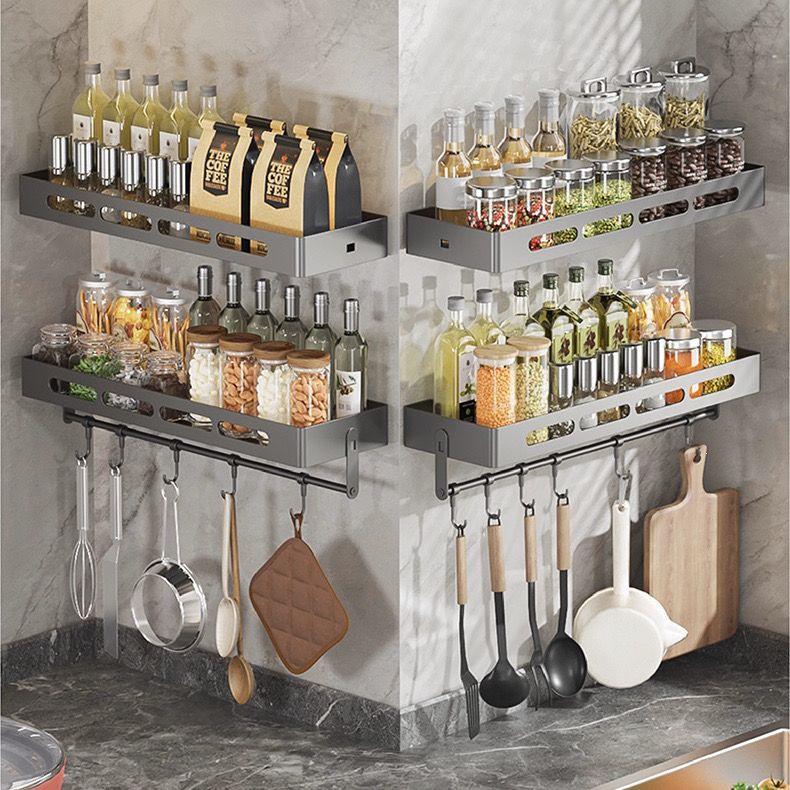 Charlotte Gunmetal Grey Wall-Mounted Kitchen Storage Rack with Seasoning Jar Organizer, Punch-Free