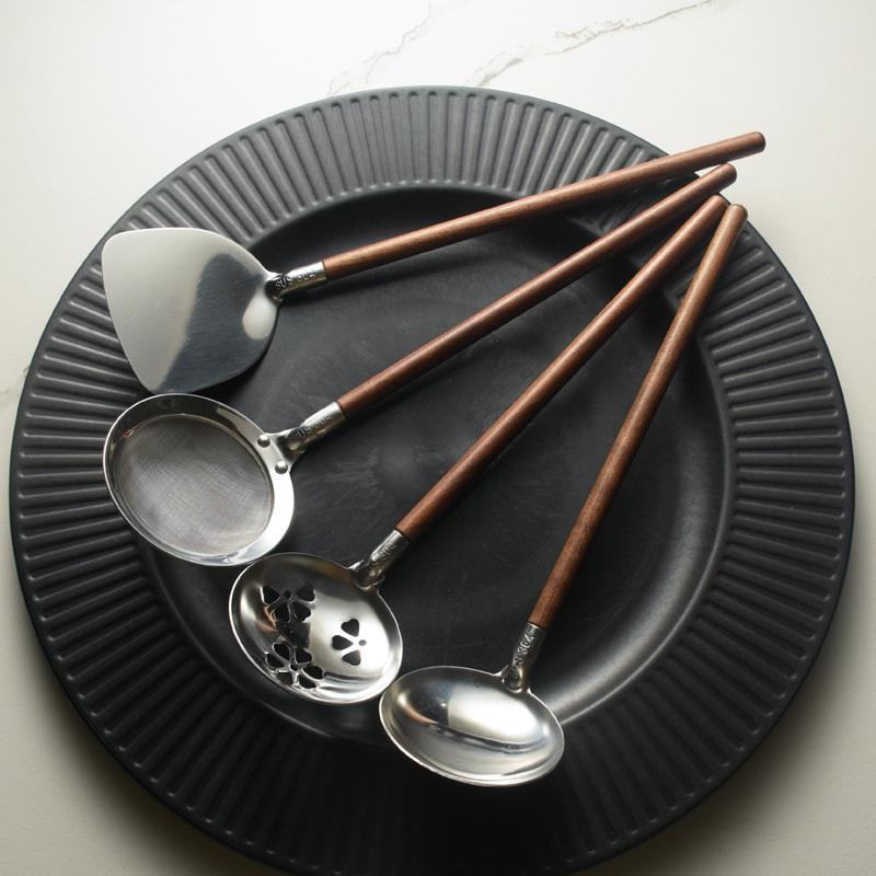 Walnut Handle Kitchen Tool 304 Stainless Steel Spatula Spoon Oil Filter Colander Kit Gadgets Anti-Scalding Cookware For Service