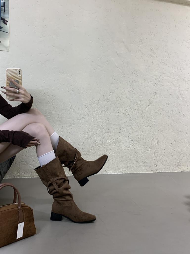 French thick heel suede piled boots women's shoes 2025 new spring and autumn winter belt buckle thin long boots