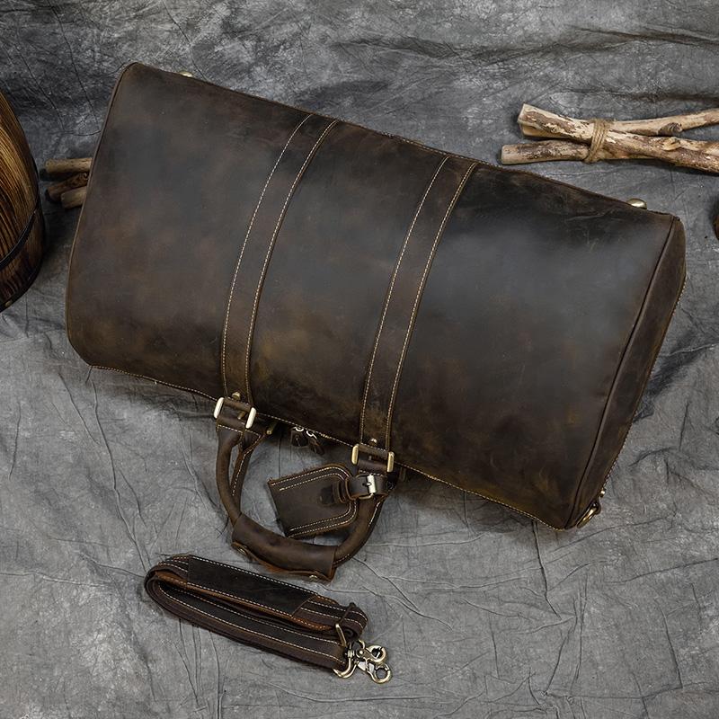 60cm Vintage Mens Leather Travel Bag Real Leather Weekender Bag Overnight Travelling Handbag For 3 Days  Business Travel