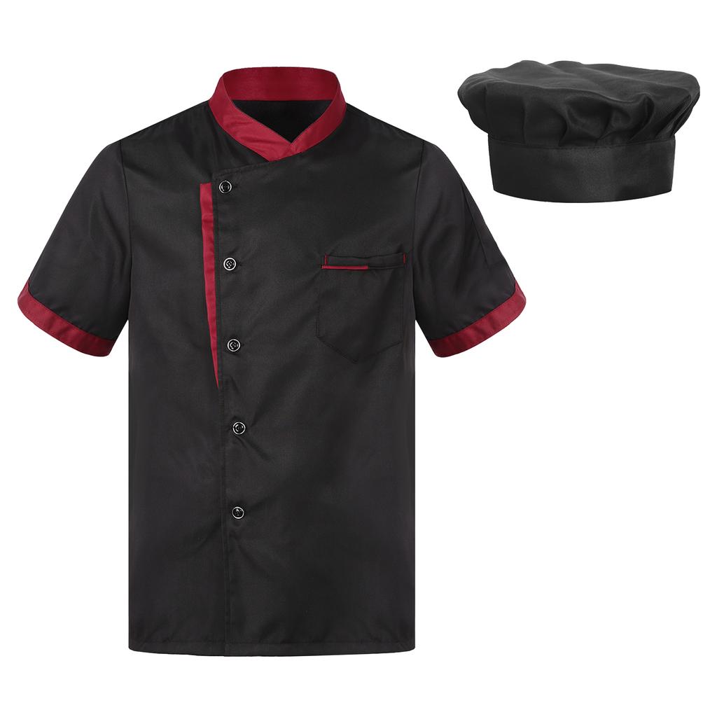 Unisex oddychający fartuch szefa kuchni z krótkim rękawem, zapinany na guziki, kurtka kucharza, uniform piekarni, kuchni, restauracji, czapka